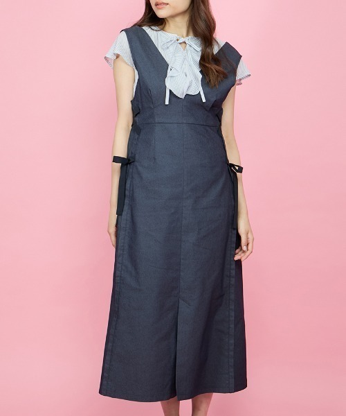 QUEENS COURT ワンピース デニムライクリボンワンピース「手洗い可能  