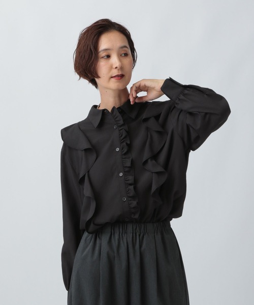レザレクション　新品　Lサイズ クロ　フリルシャツ LEPSIM（レプシィム） ブラウス シャツ アシメフリルシャツ 582419