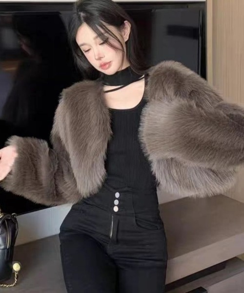 ノーカラーコート コート フェイクファー ショート丈 レディース