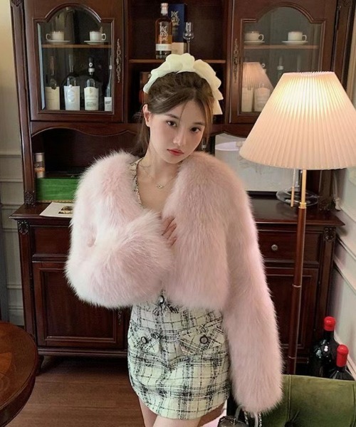 ノーカラーコート コート フェイクファー ショート丈 レディース