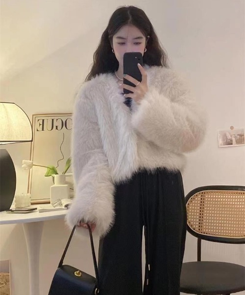 ノーカラーコート コート フェイクファー ショート丈 レディース