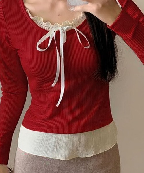 Mejoul tシャツ フリルリボンレイヤード風リブヘンリートップス