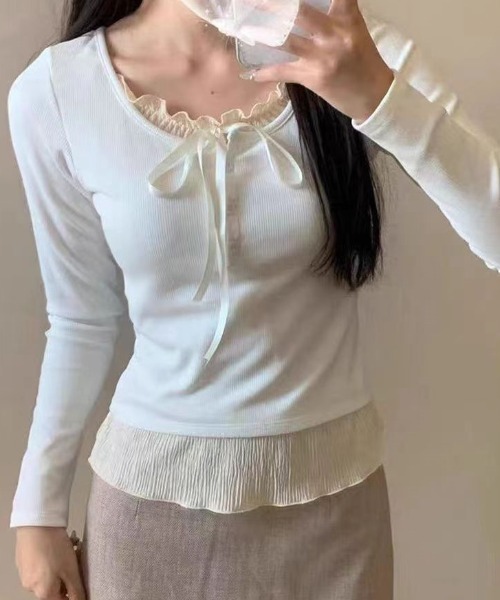 Mejoul tシャツ フリルリボンレイヤード風リブヘンリートップス