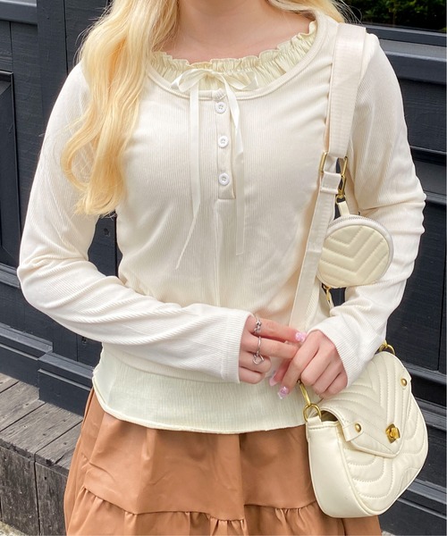 Mejoul tシャツ フリルリボンレイヤード風リブヘンリートップス