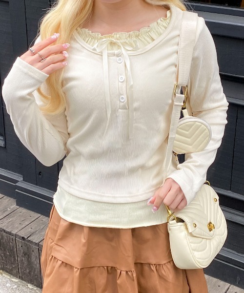 Mejoul tシャツ フリルリボンレイヤード風リブヘンリートップス