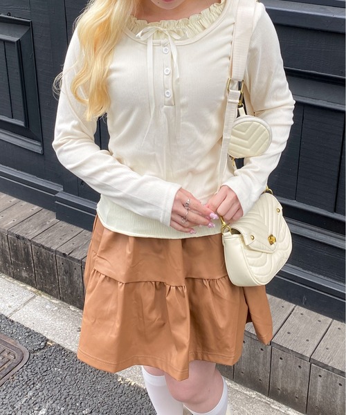 Mejoul tシャツ フリルリボンレイヤード風リブヘンリートップス
