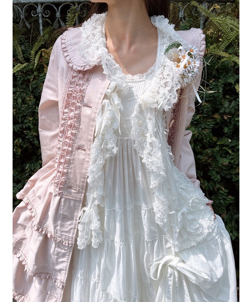 PINK HOUSE綿ローン フリルオフホワイトミディ丈コート（未使用に近い） PINK HOUSE（ピンクハウス） コート アウター フリル使いティアード