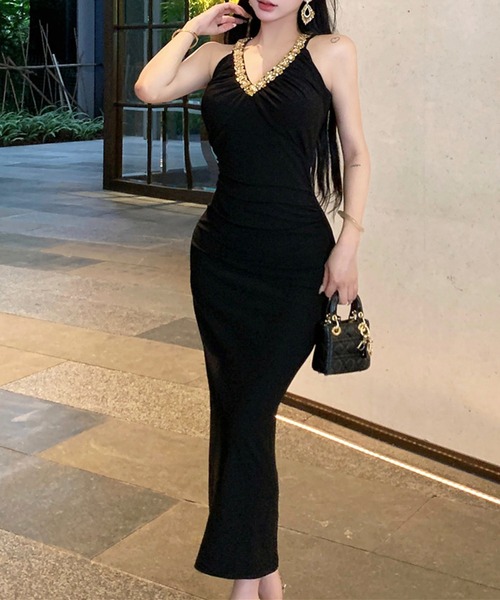 ドレス ビジュー付きVネックドレスロングワンピース : ZOZOTOWN Yahoo