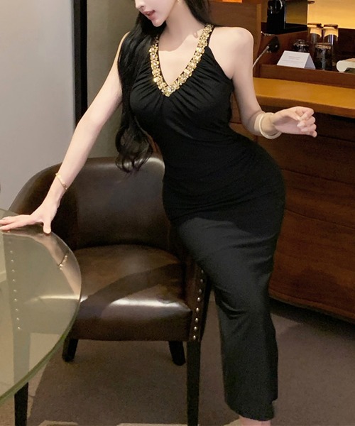 ビジュー付きVネックナイトドレス ドレス ビジュー付きVネックドレスロングワンピース : ZOZOTOWN Yahoo