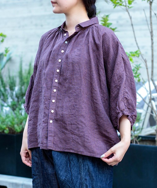 45R インドリネンギンガムのMシャツ グリーン 45rpm ブラウス Brocante リネンシャツ ブラウス シャツ 夏 「Brocante / ブロカント