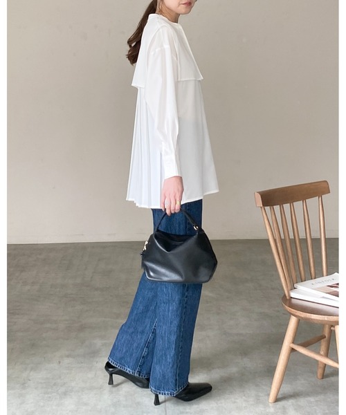 シャツ/ブラウス(長袖/七分) Lace Pockets Cotton-blend Blouse 前身頃レースブラウス 七分袖 レディース(M サックス): 東京シャツ公式