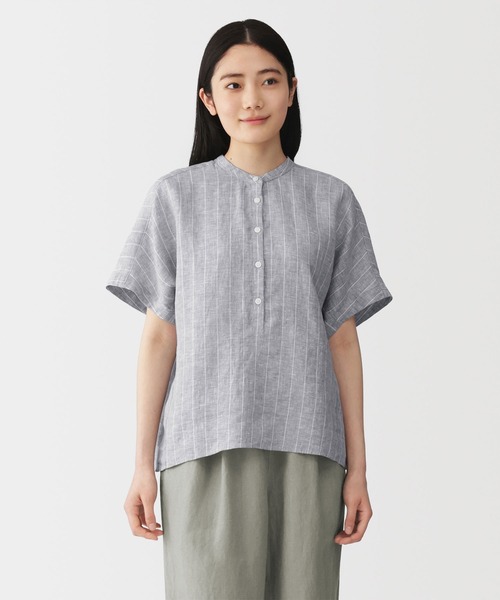 temporary購入品／リネン 半袖ブラウス チャコールグレー 無印良品（MUJI） リネンシャツ ブラウス シャツ 半袖 婦人 リネン