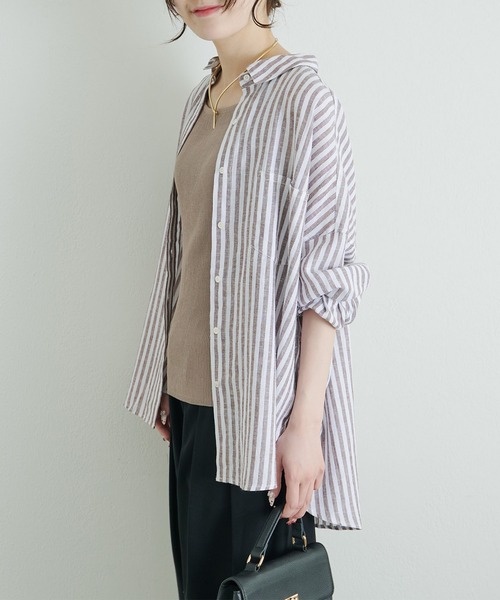 pual ce cin ブラウス シャツ 麻レーヨンストライプシャツ レディース