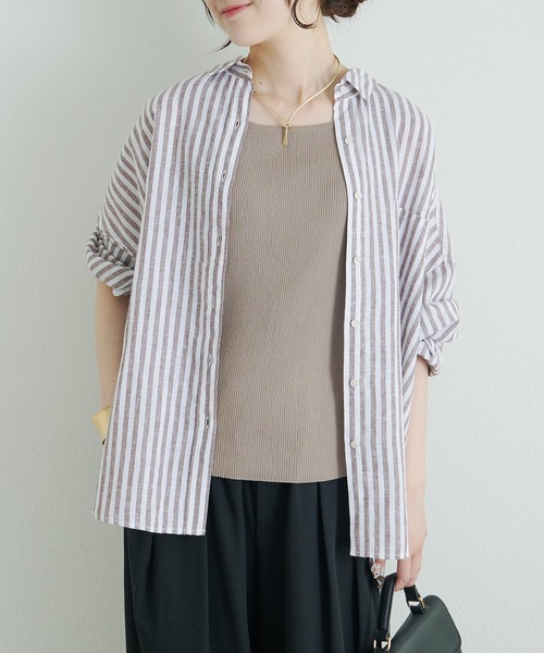 pual ce cin ブラウス シャツ 麻レーヨンストライプシャツ レディース