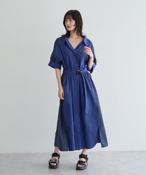 シャツワンピース ベルト付きスキッパーシャツワンピースの画像