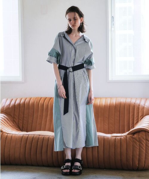 シャツワンピース ベルト付きスキッパーシャツワンピースの画像