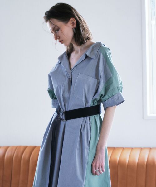 シャツワンピース ベルト付きスキッパーシャツワンピースの画像