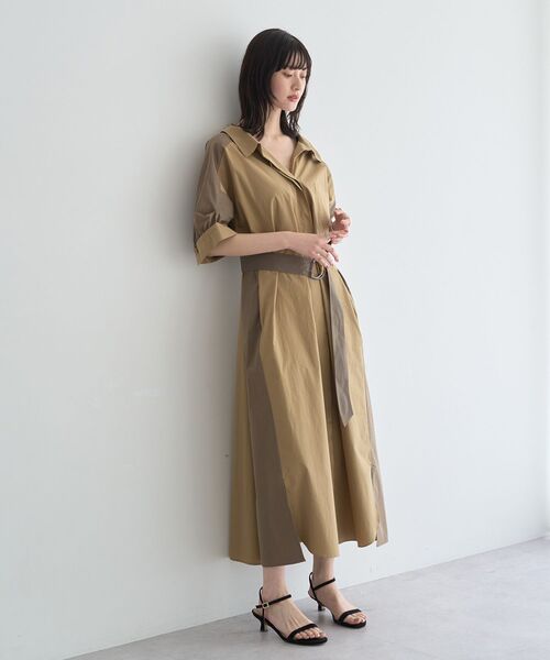 シャツワンピース ベルト付きスキッパーシャツワンピースの画像