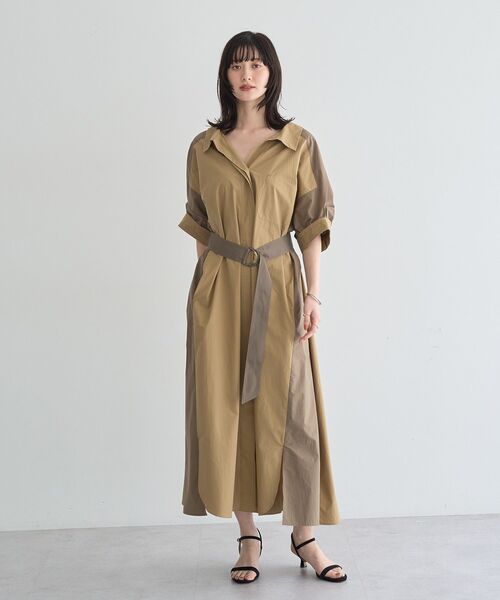 シャツワンピース ベルト付きスキッパーシャツワンピースの画像