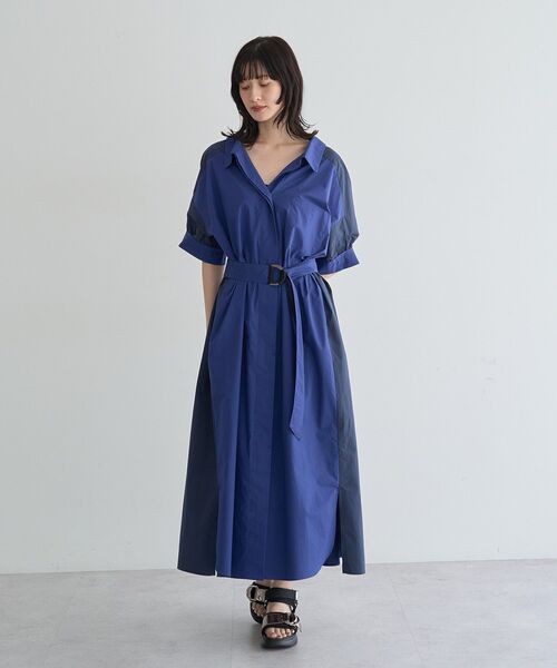 シャツワンピース ベルト付きスキッパーシャツワンピースの画像