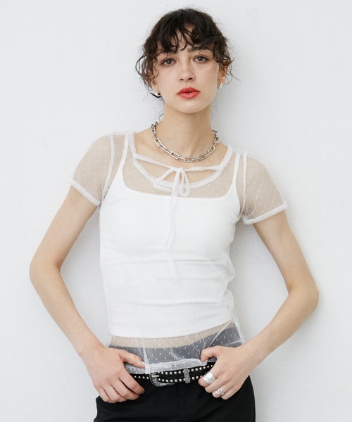 uyu. tシャツ 半袖 Dot Pattern Front Hole Sheer Top/ドット柄