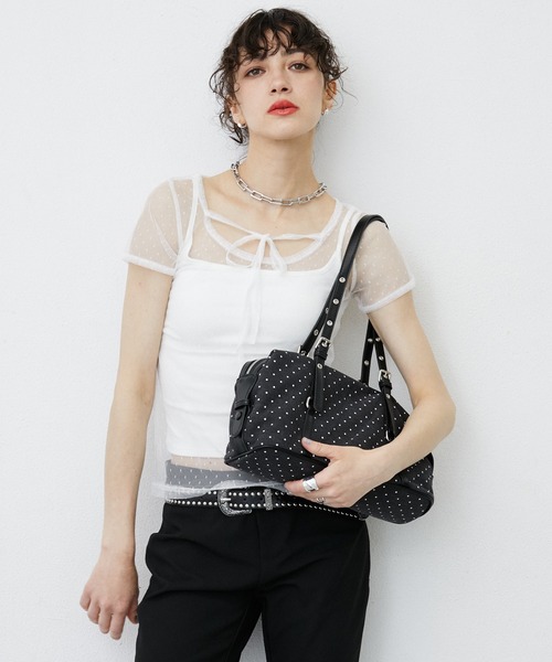 uyu. tシャツ 半袖 Dot Pattern Front Hole Sheer Top/ドット柄