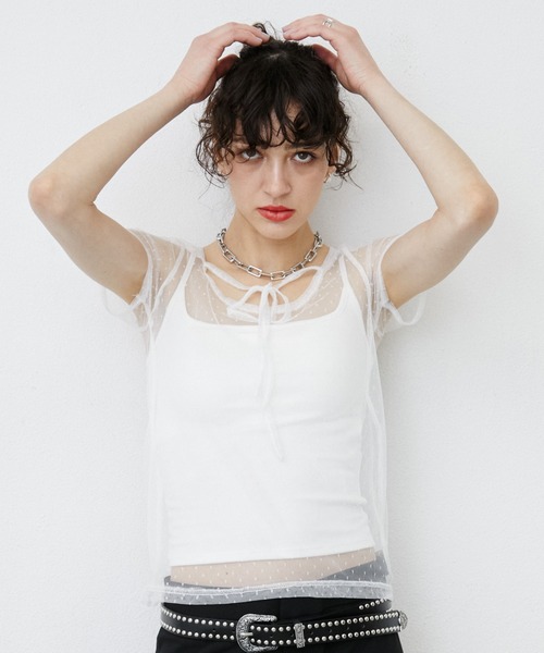 uyu. tシャツ 半袖 Dot Pattern Front Hole Sheer Top/ドット柄