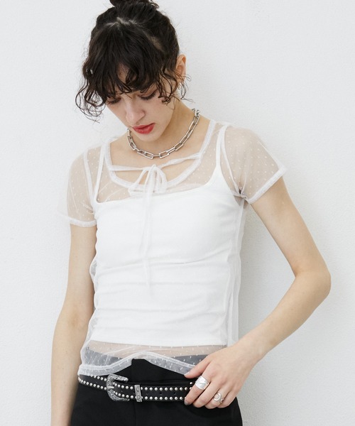 epa エパ ドット柄 シアーブラウス ホワイト 半袖 uyu. tシャツ 半袖 Dot Pattern Front Hole Sheer Top/ドット柄