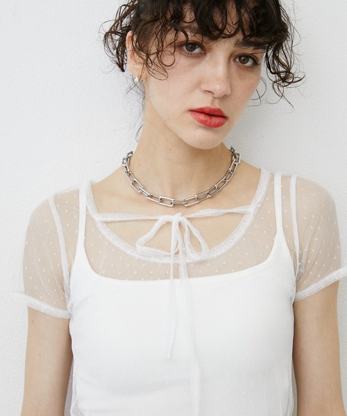 uyu. tシャツ 半袖 Dot Pattern Front Hole Sheer Top/ドット柄