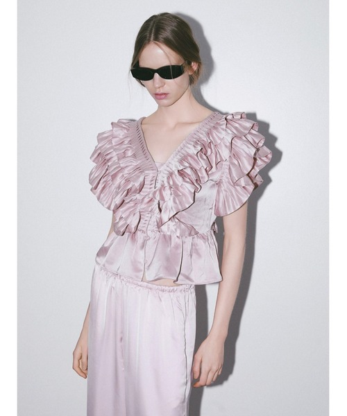 AMOMMA（アモマ） ブラウス シャツ SATIN RAFFLE FRILL TOPS 