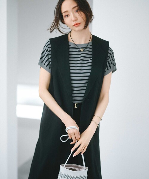 【新品】23区 オックスストレッチ ノーカラー ジレ 麻 リネンブレンド 38 23区｜【セットアップ対応】オックスストレッチ ノーカラー ジレ