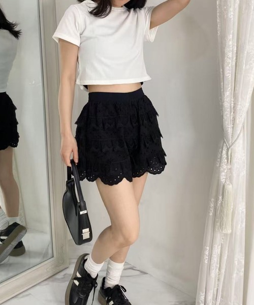 ハート柄BIGTシャツ& ハート柄フリルショートパンツ ハート柄トップス×ショートパンツニットセットアップ[dr748
