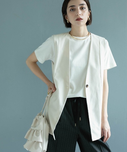 [美品]TAGLIATORE　ジレ　ベスト　麻/綿　大きいサイズ　オフホワイト cj-ei-065.jpg