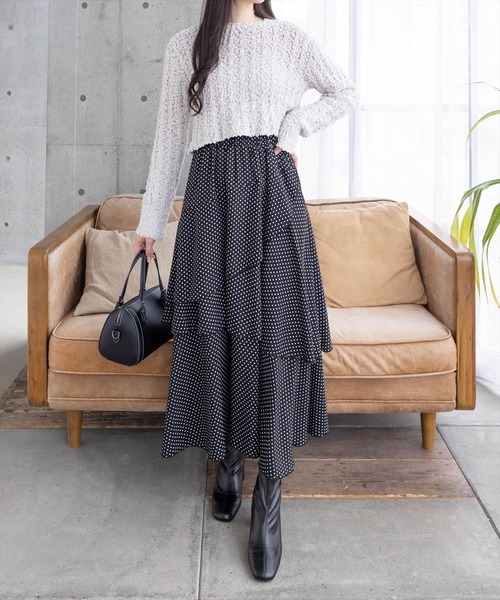 clear スカート 「低身長サイズ有」ドット柄ランダムティアードロング
