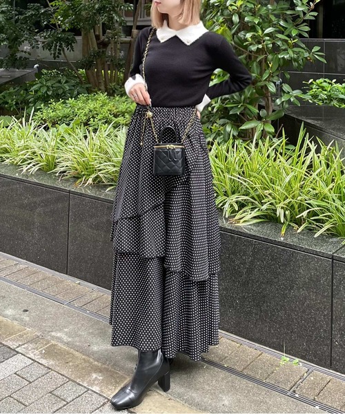 clear スカート 「低身長サイズ有」ドット柄ランダムティアードロング