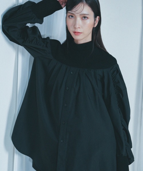 ブラウス シャツ 「Nora Lily」「elle」Kitting Blocking Hi-Neck Blouse レディース