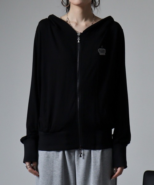 パーカー BLACK JACKALL CROWN レーヨン天竺 ロゴ刺繍アップリケ ZIPパーカー レディース BLACK JACKALL CROWN パーカー レーヨン天竺 ロゴ刺繍アップリケ