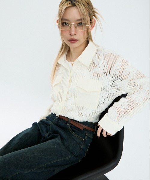ブラウス シャツ メッシュクロップドトップス レディース