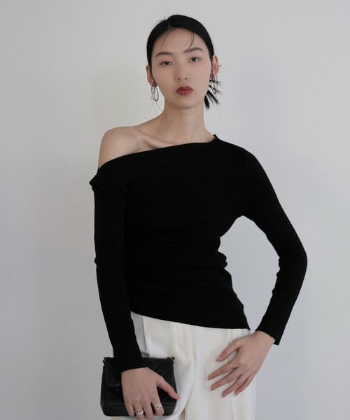 ニット セーター 「LEJA」アシンメトリーサイドギャザーワンショルダーニットトップス レディース