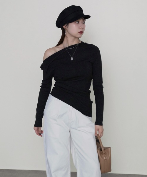 ニット セーター 「LEJA」アシンメトリーサイドギャザーワンショルダーニットトップス レディース Leja ニット セーター 「LEJA」アシンメトリーサイドギャザー