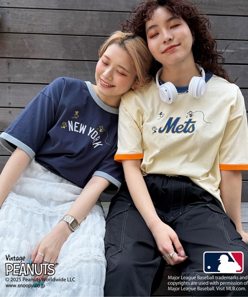 DOUBLE NAME tシャツ MLB×PEANUTSコラボ SMACK リンガーTEE