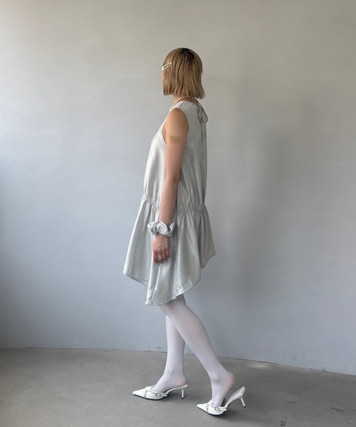 ワンピース シュシュ付き アシンメトリー サテンミニワンピース