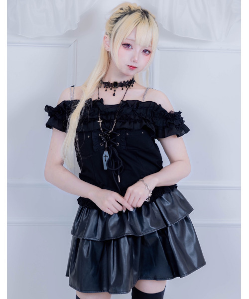 tシャツ 「ililil/イルイルイル」「地雷ちゃんのあざとレースアップ2wayオフショルトップス」 レディース