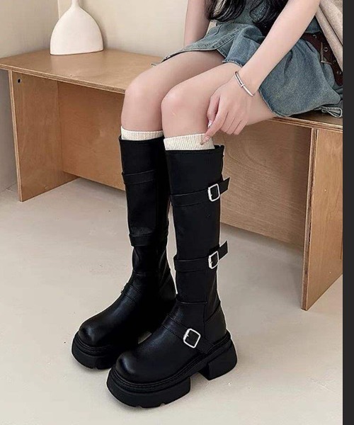 本革ロングブーツ バックルデザイン 厚底 バイカーブーツ gossip!ロサンゼルス ブーツ Y2K バイカーバックルロングブーツ 美脚