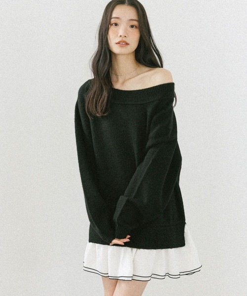 Heather（ヘザー） ワンピース ドッキングフリルニットワンピース