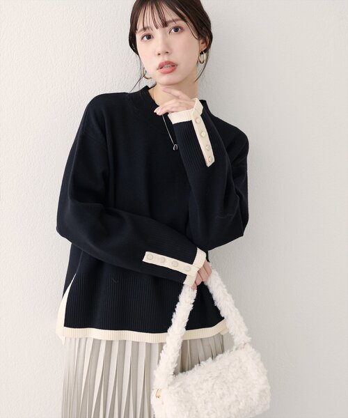 スタンドネックニットプルオーバー natural couture ニット セーター スタンドネック袖口釦ゆるニット