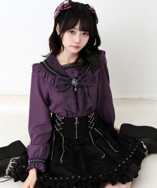 DearMyLove ブラウス シャツ 十字架クモレースセーラーフリル長袖