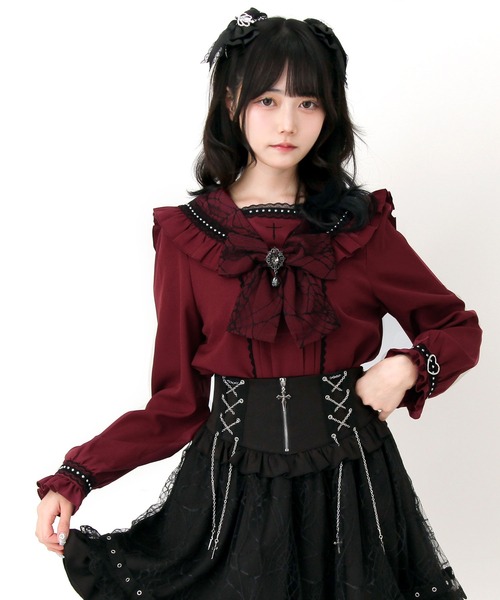 DearMyLove ブラウス シャツ 十字架クモレースセーラーフリル長袖