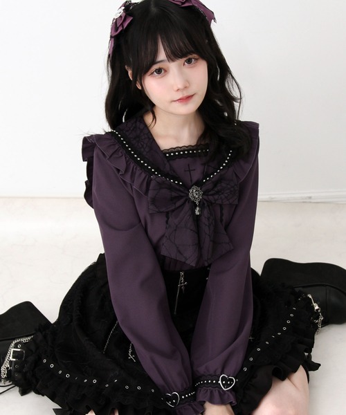 DearMyLove ブラウス シャツ 十字架クモレースセーラーフリル長袖