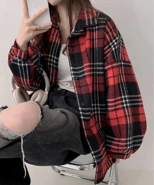 G*ん様 more about less アーガイル柄 ラインネルシャツ 赤黒 kirakiraShop」 「K＆G」長袖ネルシャツ FREE レッド レディース